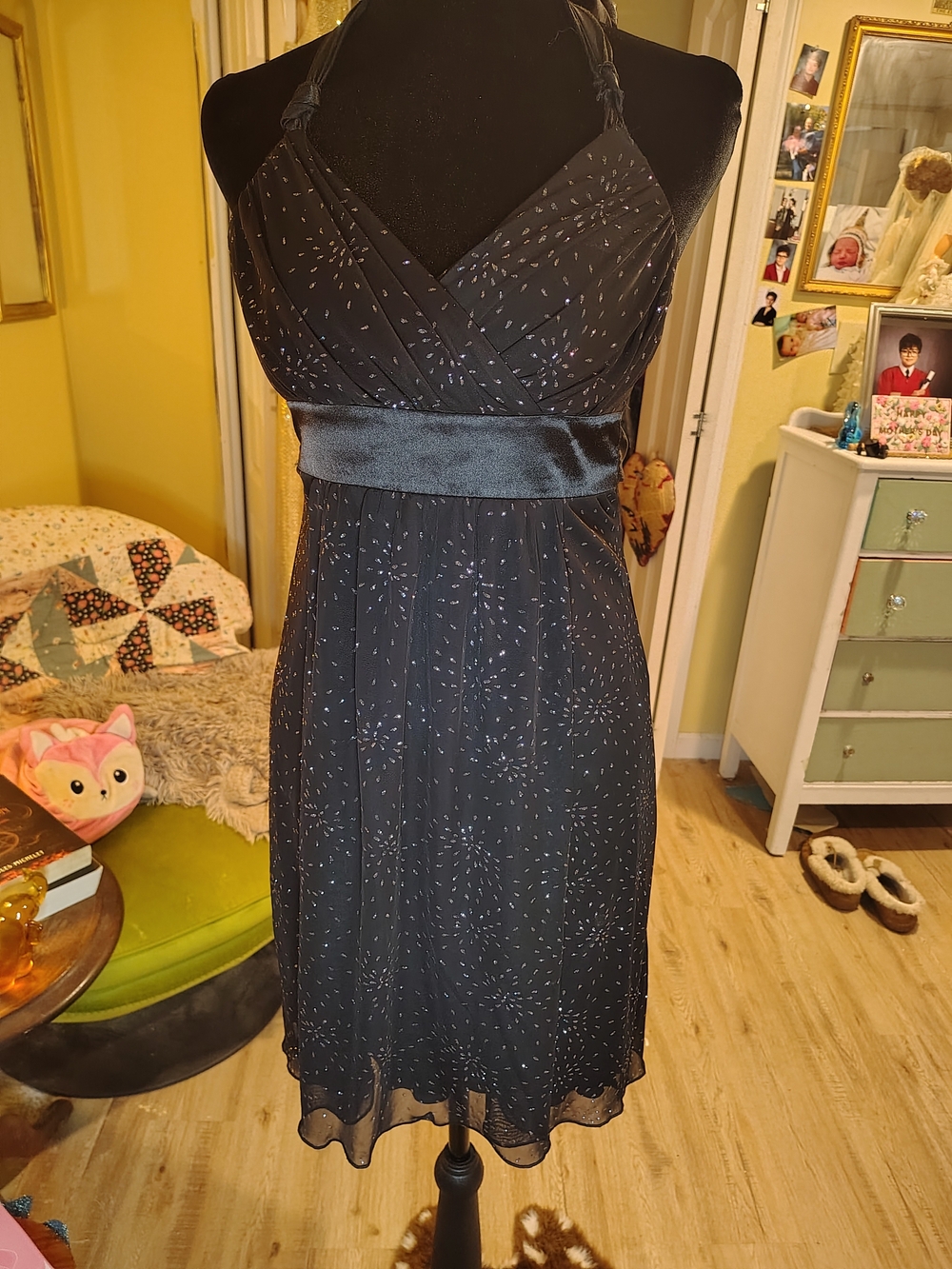 Bwear Black Halter Midi Dress with Subtle Silver Sparkle